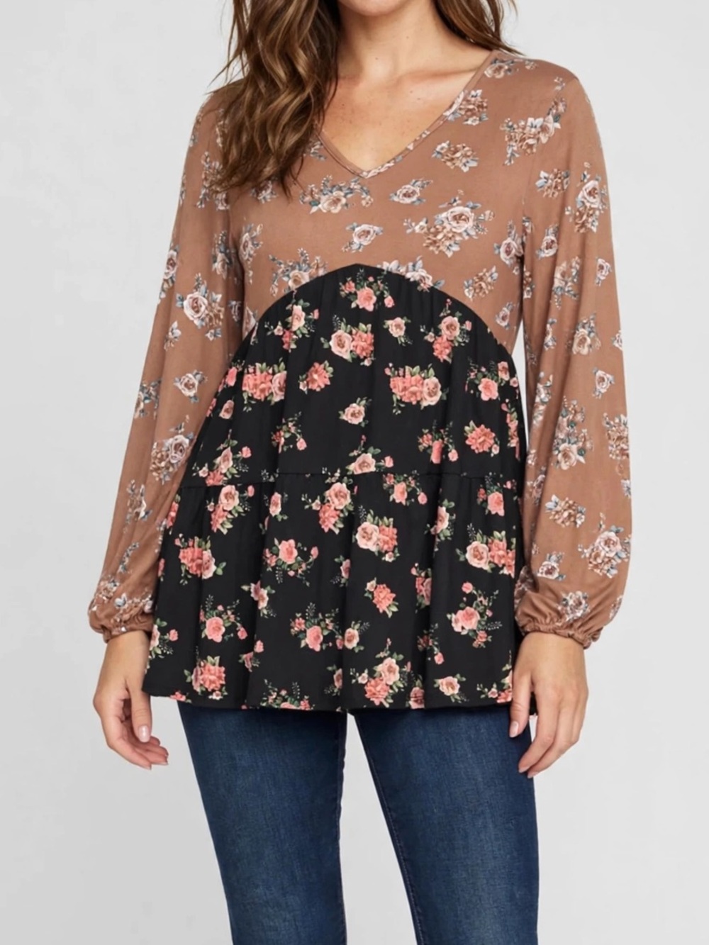 Egs California Boho Floral Babydoll Top Brown Black Pink Tiered V-Neck Peplum L